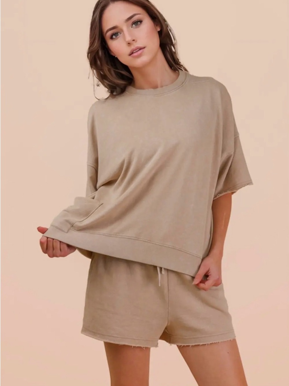 Beige mineral wash pocket boho top and tie waist short resort Lounge comfort set
